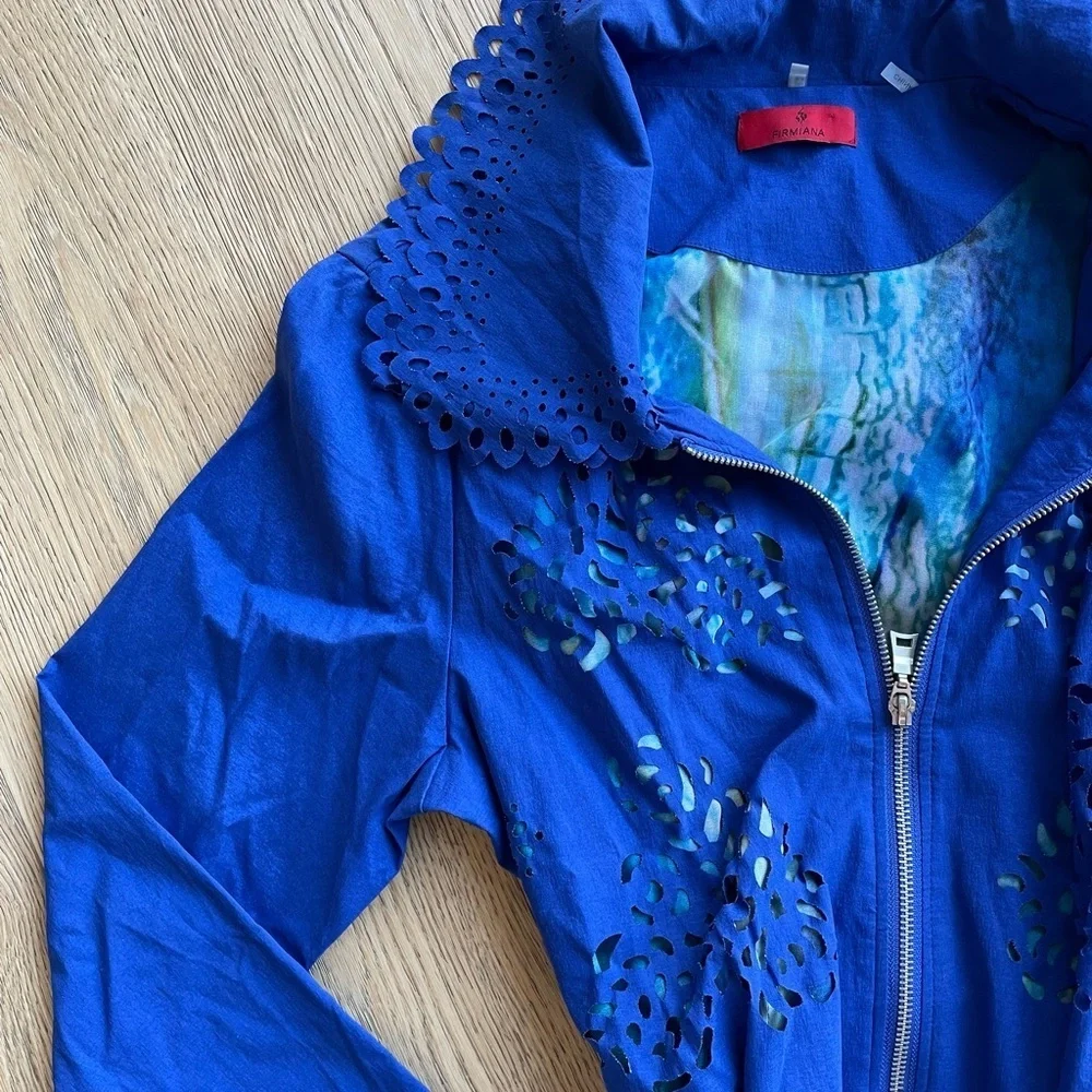Firmiana Cobalt Blue Laser-Cut Jacket | Zip Front Belted Boho Layer - Picture 3 of 9